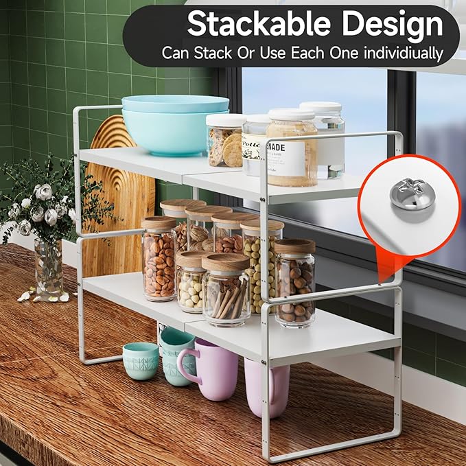 16.5-27’’L Expandable Kitchen Shelf Organizer, Stackable Shelves Organizer, Adjustable Height Pantry Spice Rack for Cabinet, Countertop, Pantry and Cupboard, White