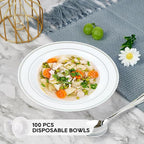 JOLLY PARTY 100PCS Plastic Bowls with Silver Rim-12oz Disposable Soup Bowls, Christmas Thanksgiving Premium Heavy Duty Plastic Dessert Bowls for Wedding/Party, Silver