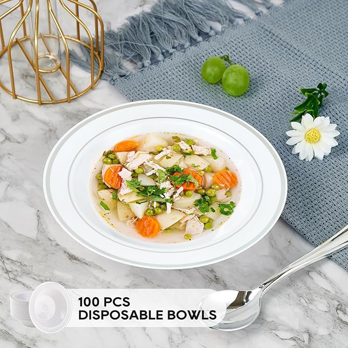 JOLLY PARTY 100PCS Plastic Bowls with Silver Rim-12oz Disposable Soup Bowls, Christmas Thanksgiving Premium Heavy Duty Plastic Dessert Bowls for Wedding/Party, Silver