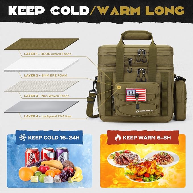 Maelstrom Tactical Lunch Box, 23 L Insulated Lunch Bag for Men, Expandable Double Deck Lunch Cooler Bag,Large Leakproof Soft Lunch Tote with Detachable MOLLE Bags, for Adult Women Work,Picnic,Khaki