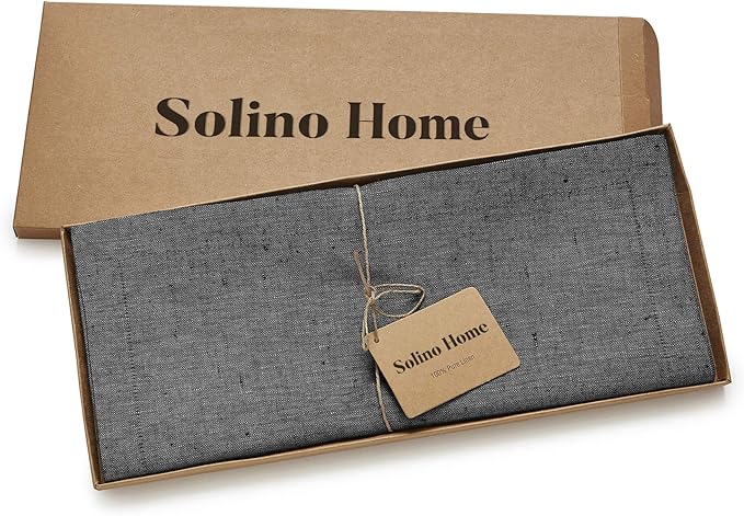 Solino Home Linen Table Runner 144 Inches Long - Athena, 100% Pure Linen Charcoal Grey Dining Table Runner 14 x 144 Inch for Halloween - Handcrafted and Machine Washable