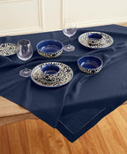 Solino Home Navy Linen Tablecloth 52 x 52 Inch - 100% Pure Linen Square Table Throw - Classic Hemstitch, Machine Washable Table Cloth for Summer, Fall, Autumn