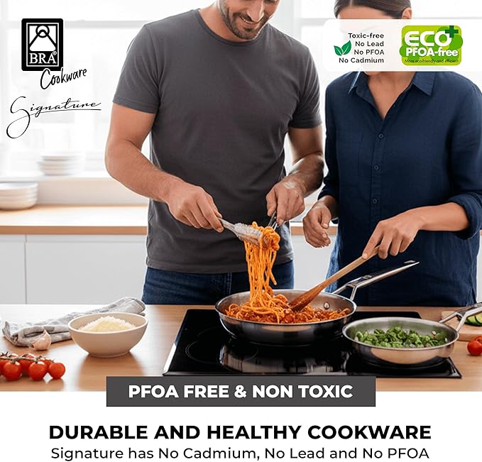 BRA COOKWARE Signature 3 Frying Pan Set | 8 + 9.5 + 11 inches Professional Skillet | Stainless Steel Frypan | All Stovetop Compatible Skillet | PFOA Free | w/o Non-Stick Coating | Polished Finish