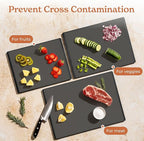 SMIRLY Plastic Cutting Board Set with Holder 4 Pieces, Non-Slip Dishwasher Safe Chopping Boards for Kitchen, Dark Grey