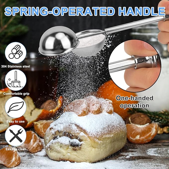Flour Sifter Stainless Steel,3 Cup Flour Sifters for Baking,3 in1 Sifter for Baking with Powdered Sugar Shaker Duster, Flour Shaker Duster for Baking Cakes, Pastries, Pies, Cupcakes and Desserts