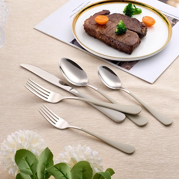 20-Piece Off white Silverware Set 18/0 Stainless Steel Silverware Set Off white Handle Cutlery Set Service for 4 Dinner Knives Forks Spoons Set Flatware Set Finish Dishwasher Safe