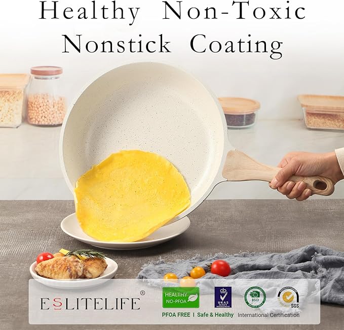 ESLITE LIFE Nonstick Ceramic Frying Pan Skillet, Non-Toxic Egg Omelette Kitchen Cooking Pans Compatible with All Stovetops (Gas, Electric & Induction), PTFE & PFOA Free (White, 9.5'')