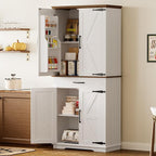 IRONCK Farmhouse Kitchen Pantry Cabinet, Tall Storage Cabinet with 6 Hanging Shelves and Adjustable Shelves, Freestanding Cupboard with Barn Doors for Kitchen, Dining Room， White/Walnut