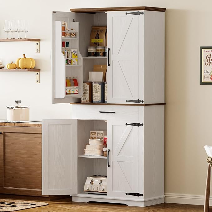 IRONCK Farmhouse Kitchen Pantry Cabinet, Tall Storage Cabinet with 6 Hanging Shelves and Adjustable Shelves, Freestanding Cupboard with Barn Doors for Kitchen, Dining Room， White/Walnut