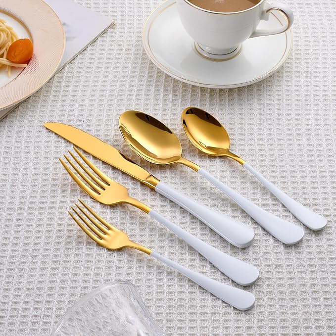 20 Piece Gold and White 18/0 Flatware Utensil Set for 4, Include Dinner Knife,Dinner Forks,Dinner Spoons,Salad Forks,Teaspoons,Silverware Set for 4, Dishwasher Safe