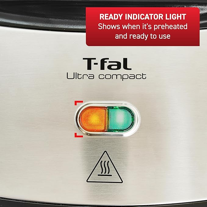 T-fal Compact Sandwich Maker, Stainless Steel, Easy to Clean, Indicator Lights, Cool Touch Handle, Grilled Cheese, Panini, 625 Watts, Black