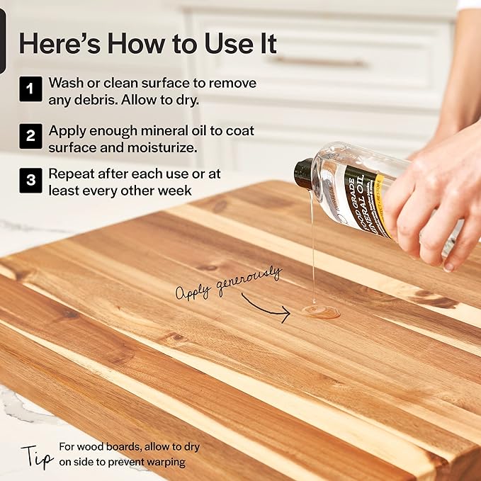 Thirteen Chefs Mineral Oil - 12oz Food Grade Conditioner for Wood Cutting Board, Countertop & Butcher Block, Lubricant for Knife or Meat Grinder - Safe USP Finish on Marble, Soapstone