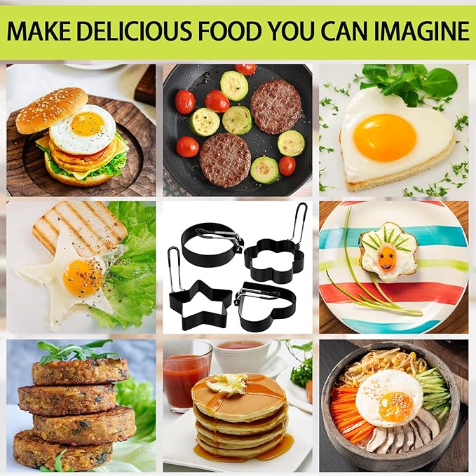 6 Pack Eggs Rings, Stainless Steel Egg Cooking Rings, Round Pancake Mold for Frying Eggs, Omelet and Muffins, Non-stick Fried Egg Mold Ring with Oil Brush and Slotted Spatula, 4 Shapes