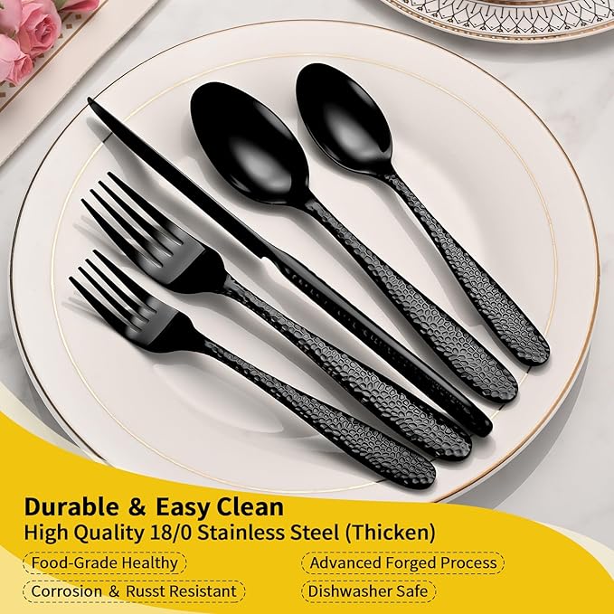 Black Hammered Silverware Set, 20-Piece Heavy Duty Stainless Steel Flatware Sets for 4, Food-Grade Cutlery Set for Home Restaurant, Mirror Polished, Dishwasher Safe