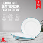 Red Co. Set of 4 Enamelware Metal Classic 10" Round Dinner Plate, Solid White/Teal Rim