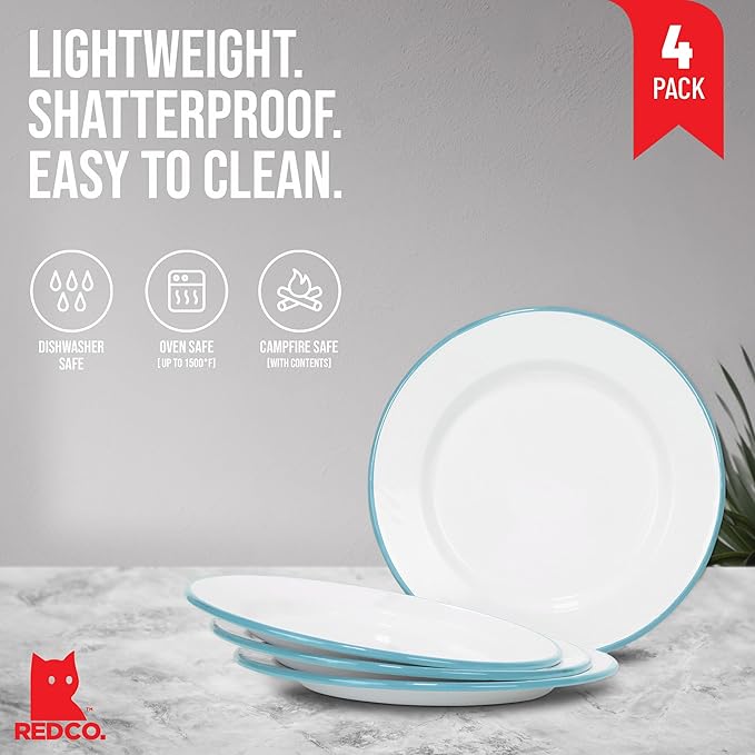 Red Co. Set of 4 Enamelware Metal Classic 10" Round Dinner Plate, Solid White/Teal Rim