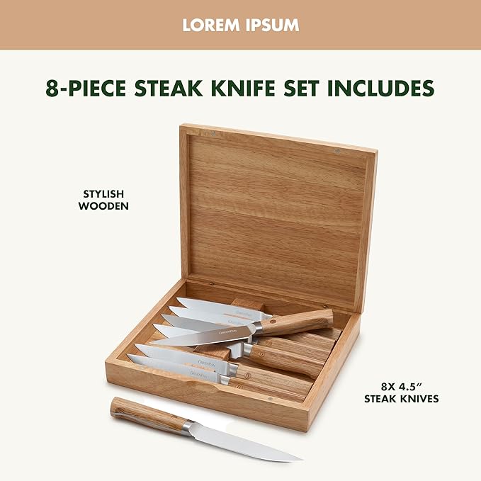 GreenPan Elite 8 Piece Steak Knife Set, Professional Stainless Steel Blades with Titanium Coating, Ultra-Sharp Dining Knives, Kitchen Cutlery, Ergonomic Wood Handles, Wooden Storage Box
