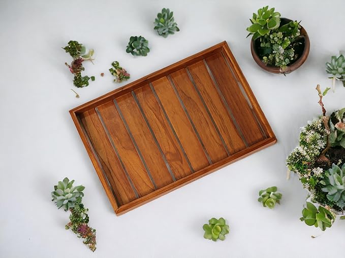 Large Teak Wood Serving Tray for Home, Kitchen, Breakfast, Restaurant, Office Organizer, Dining Table | Premium Wooden Tray |15 * 10 * 1.5 Inches | Handmade in India