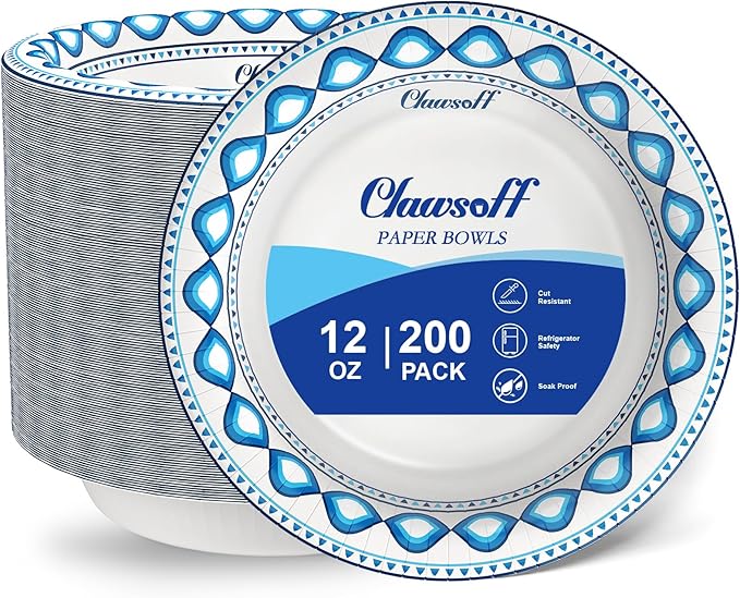 12 oz 200 Pack Paper Bowls Bulk, Soak Proof Heavy Duty Paper Bowls, Cut Proof Small Soup Bowl, Disposable Bowl for Party, Birthday and Picnic