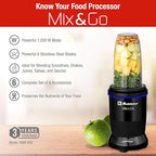 Koblenz Mix&Go Personal Blender, Portable Size Blender for Shakes and Smoothies with Auto-Stop Function, 1000w Motor, Stainless Steel Blades, To-Go Cup, Easy to Clean, Black