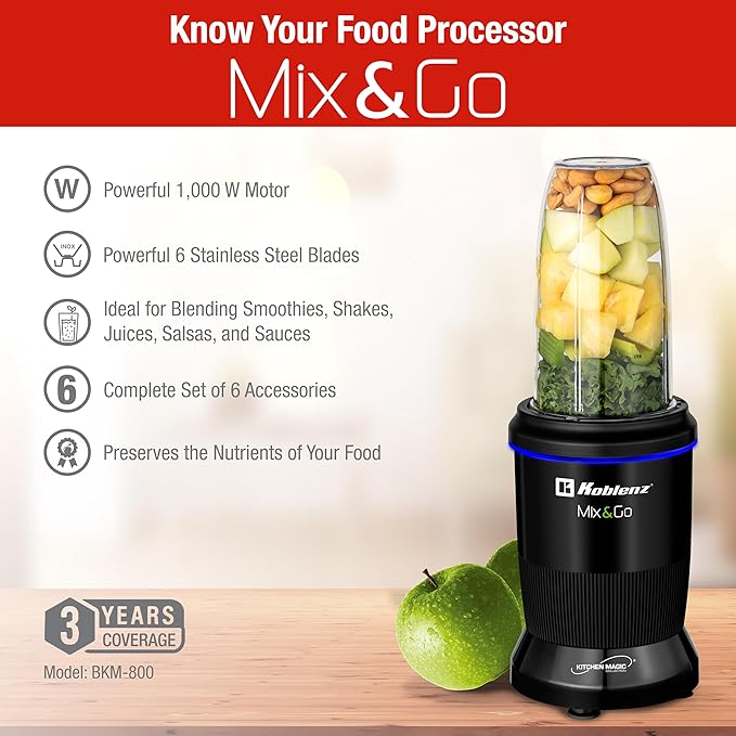 Koblenz Mix&Go Personal Blender, Portable Size Blender for Shakes and Smoothies with Auto-Stop Function, 1000w Motor, Stainless Steel Blades, To-Go Cup, Easy to Clean, Black