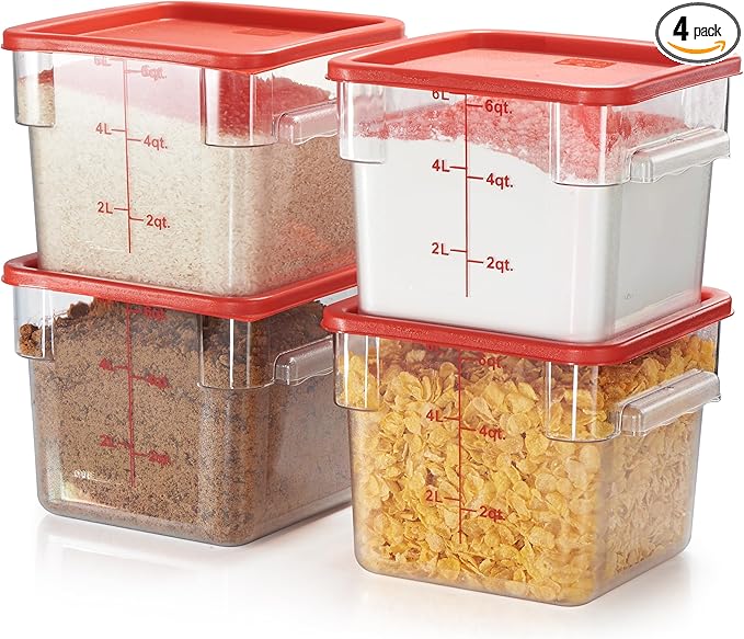 CURTA 4 Pack Food Storage Container with Red Lid - NSF Commercial Grade in 6.0 Qt - Square, Clear, Polycarbonate