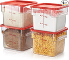 CURTA 4 Pack Food Storage Container with Red Lid - NSF Commercial Grade in 6.0 Qt - Square, Clear, Polycarbonate