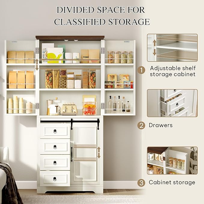 DWVO 71" Kitchen Pantry with Sliding Barn Door & Storage Drawers, Farmhouse Tall Storage Hutch Cabinet with Adjustable Shelves, Versatile Organizers for Living Room, Dining Room, Hallway, Off White