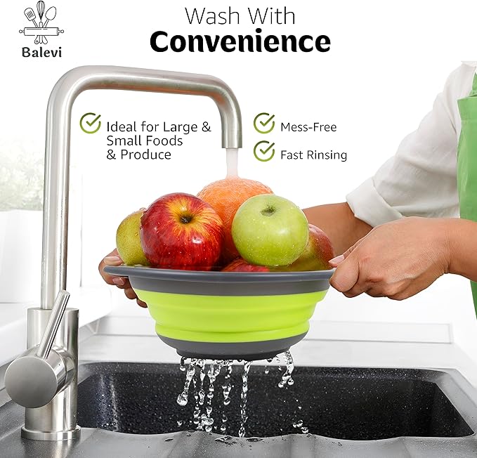 "Balevi Collapsible Strainers for Kitchen - Collapsible Colander Set of 2 Made of Silicone - Collapsible Strainer with Little Pegs to Keep Food Elevated - Green"