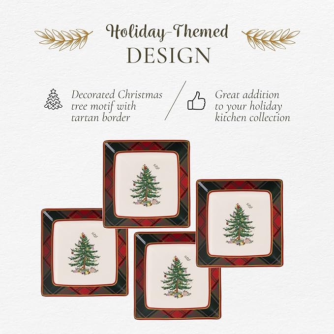 Spode Christmas Tree Tartan Square Tidbit Plates (Set of 4) - 5" Holiday Appetizer Platter for Christmas Entertaining - Traditional Tartan Plaid with Iconic Tree Motif - Microwave and Dishwasher Safe