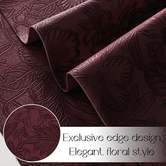 Romanstile Vinyl Placemats Set of 4-12 X 18 Inch - Heat Resistant Non-Slip Embossed Floral Place Mats 100% Waterproof Oilproof Wipeable Faux Leather Table Mats for Kitchen/Dining/Party, Burgundy