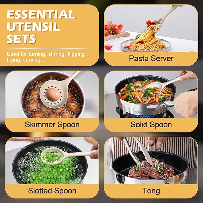 15-Piece Kitchen Cooking Utensils Set with Holder, Homikit Heat Resistant Food Grade Silicone Kitchen Utensils include Slotted Spatula Ladle Turner for Nonstick Cookware, Dishwasher Safe- Khaki