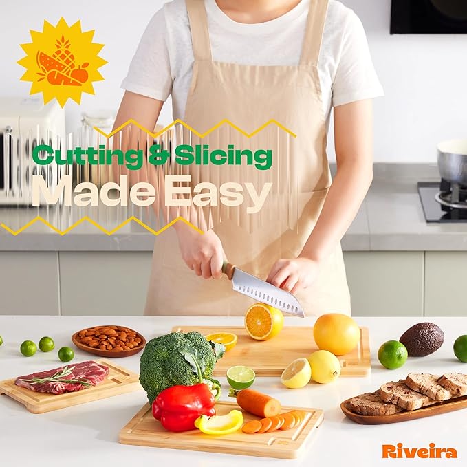 Riveira Brown Bamboo Wood Cutting Board – Gourmet Bamboo Grandeur: 8 x 8 Wooden Cutting Board – Wooden Cutting Boards For Kitchen Decorative – Innovative Juice Grooves Wooden Chopping Board