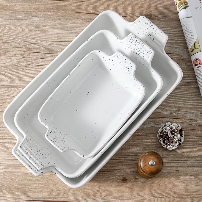 KOOV Bakeware Set, Ceramic Baking Dish, Rectangular Lasagna Pans for Cooking, Cake Dinner, Kitchen, 9 x 13 Inches, 3-Piece, Splash Series (Splashed White)