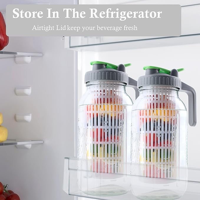 Glass Mason Jar Water Fruit Infuser Pitcher With Lid 64 Oz Wide Mouth Tea Infused Pitchers 2 Quart Sun Tea Jar For Outside Half Gallon Iced Coffee Tea Lemonade Juice Homemade Drinks Container- 2 Set