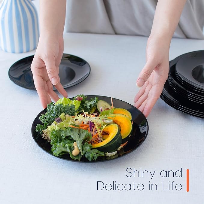 8.5 inch Salad Plate Set of 6, Lightweight Opal Glass Round Black Plates for Appetizer Dessert Kitchen, Dishwasher and Microwave Safe