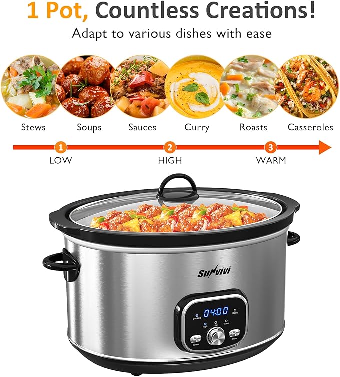 Sunvivi Slow Stew Pot - Electronic - Stainless Steel Color -8.5 QT: Multi-Cooker Food Warmer with Delay Function, Adjustable Tempature Control, Dishwasher Safe, Perfect for Families, Sliver