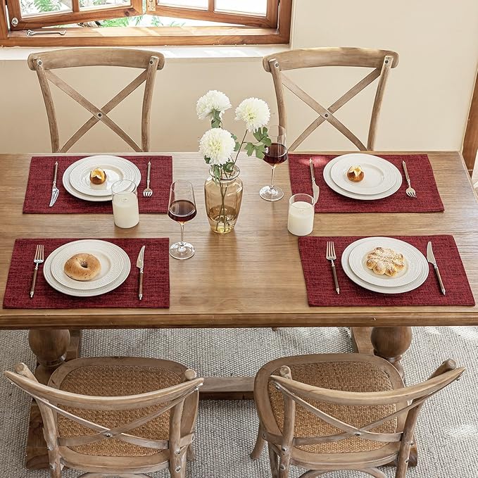 Blue Forest Placemats Set of 8, Dual-Layered Thickened Faux Linen Cloth Place Mats Heat Resistant Machine Washable Wrinkle Free Table Mats Indoor/Outdoor (Red)