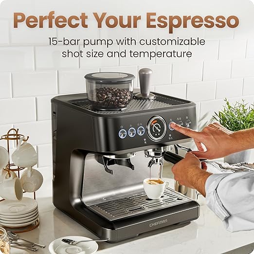 Chefman Crema Deluxe Espresso Machine with Double Boiler, Use Milk Frother and Brew Espresso Simultaneously, Professional Coffee Maker with Coffee Grinder and Steam Wand, 30 Grind Settings
