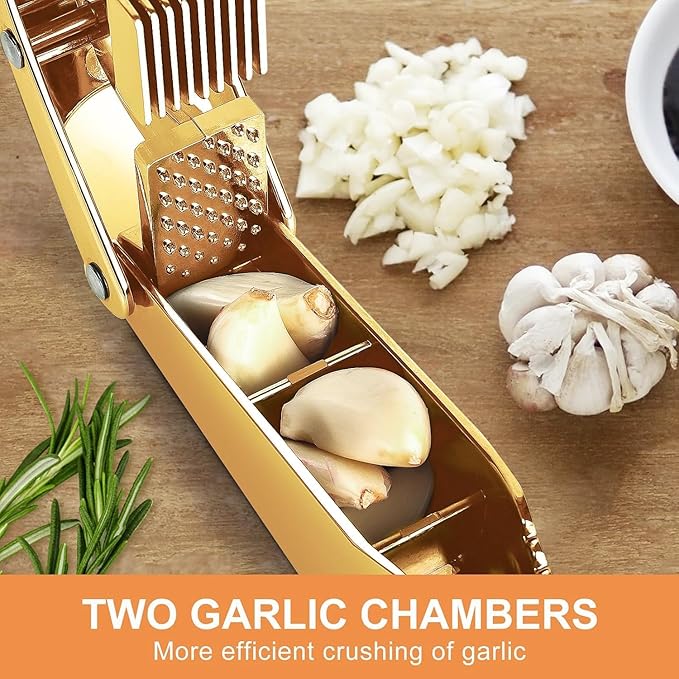 Gold Garlic Press and Slicer 3 In 1 Food Grade Stainless Steel Garlic Mincer Chopper Crusher Garlic Press Kitchen Tool with Garlic Peeler Skin Remover and Clean Brush