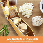 Gold Garlic Press and Slicer 3 In 1 Food Grade Stainless Steel Garlic Mincer Chopper Crusher Garlic Press Kitchen Tool with Garlic Peeler Skin Remover and Clean Brush