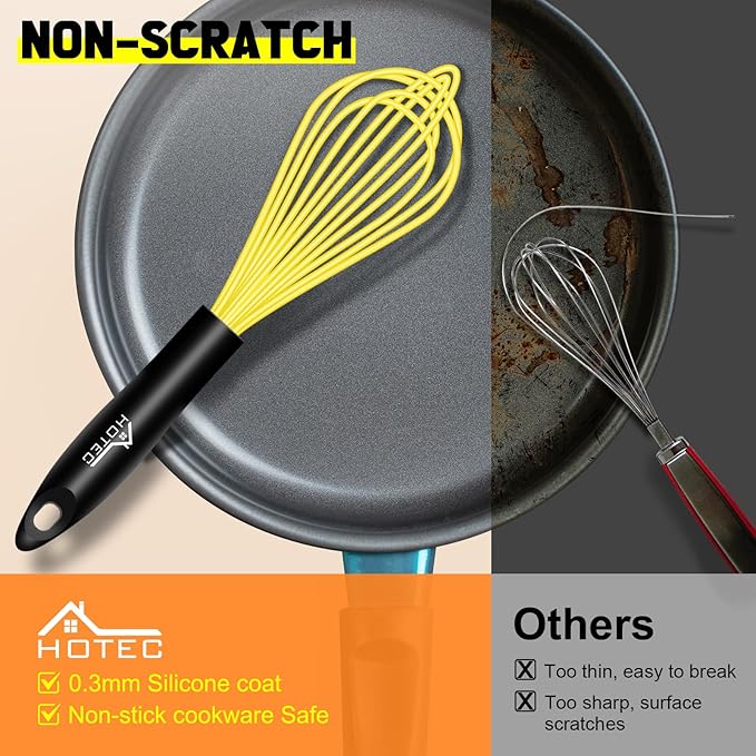 HOTEC 4 Pieces Silicone Whisks Set, Wire Balloon Whisks Egg Beater, Non-slip Handle Whisk for Non-stick Cookware Perfect for Cooking, Stirring, Beating and Blending (Multicolor)
