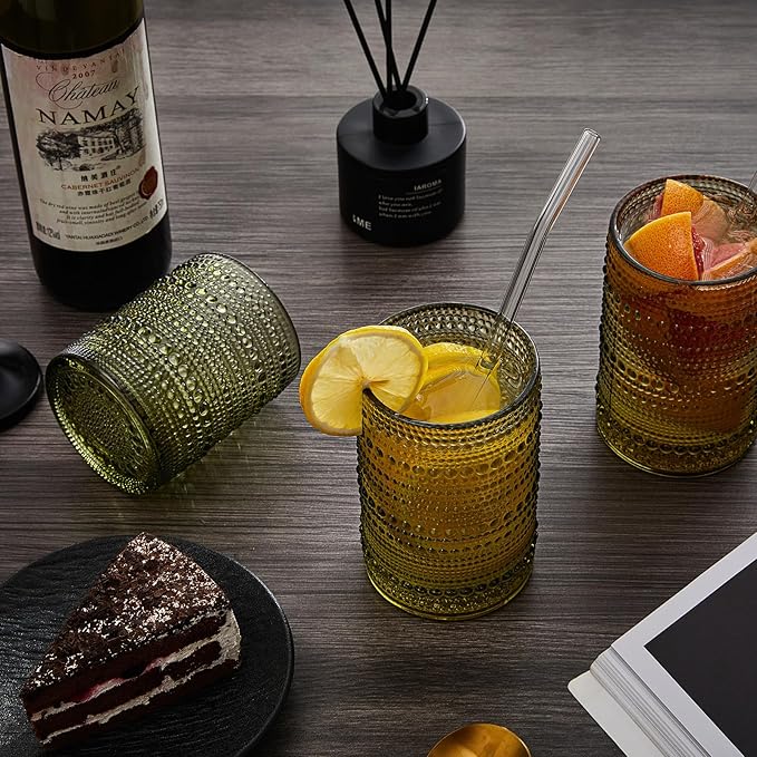 Vintage Hobnail Drinking Glasses Set of 12 (15oz) – Embossed Green Textured Tumblers, Non-Slip, Dishwasher Safe for Cocktails, Whiskey, Bar & Kitchen Cups