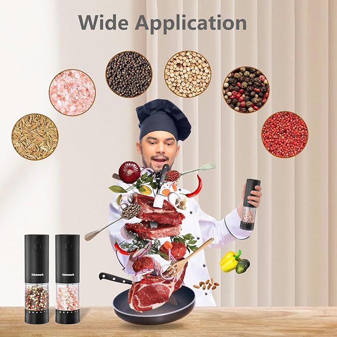 Electric Black Salt and Pepper Set with base, Rechargeable 6 External Adjustable Coarseness Automatic Pepper Mill Shakers, 95ml Large Capacity, One-Handed Operation 2 Pack
