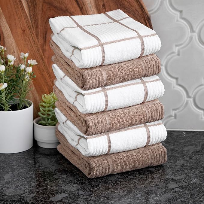 T-fal Solid & Checked Parquet Kitchen Towels: Highly Absorbent, Super Soft Long Lasting - 100% Cotton, 16"x26" Dish Towels for Cleaning & Drying Dishes, Pans, Glassware, Countertops, 6-Pack, Sand