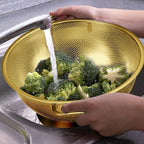 Bokon 3 Pcs Stainless Steel Colander Set Colander Bowl and Sieves 1/3/5 Quart Metal Mesh Strainer Net Basket with Handles Food Spaghetti Strainer for Kitchen Draining Pasta Rinsing(Gold)