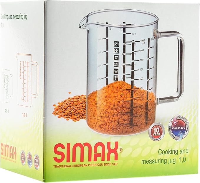 Simax Glass Measuring Cup in Grams, Ml, Oz - Borosilicate 32 Oz Liquid Cup for Metric Measurements, Liter, Milliliter, Ounce, Sugar & Flour Grams - No Drip Pour Spout