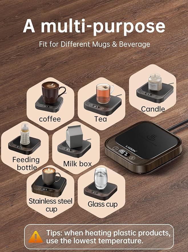 Mug Warmer - 40W Coffee Cup Warmer for Desk with Auto Shut Off, Smart Electric Candle Warmer with 4 Temp & Time Settings, Coffee Gifts for Beverage, Tea, Water, Milk in Home & Office (Wood)