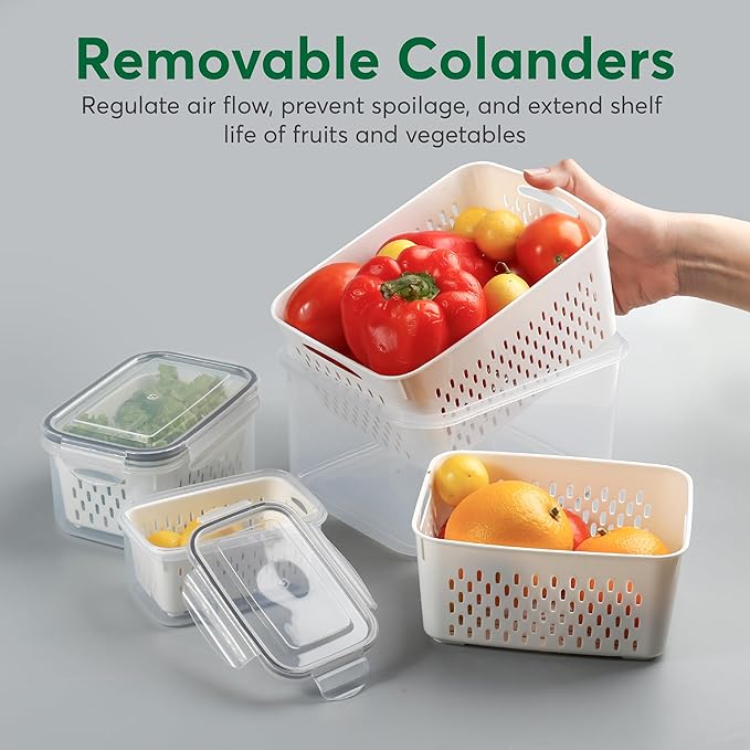 8 Set Fruit Storage Containers for Fridge with Colanders Dishwasher Safe, Leakproof Fruit and Vegetable Storage BPA-Free Plastic, Produce Storage Keep Berry Fruit Veggie Meat Fresh