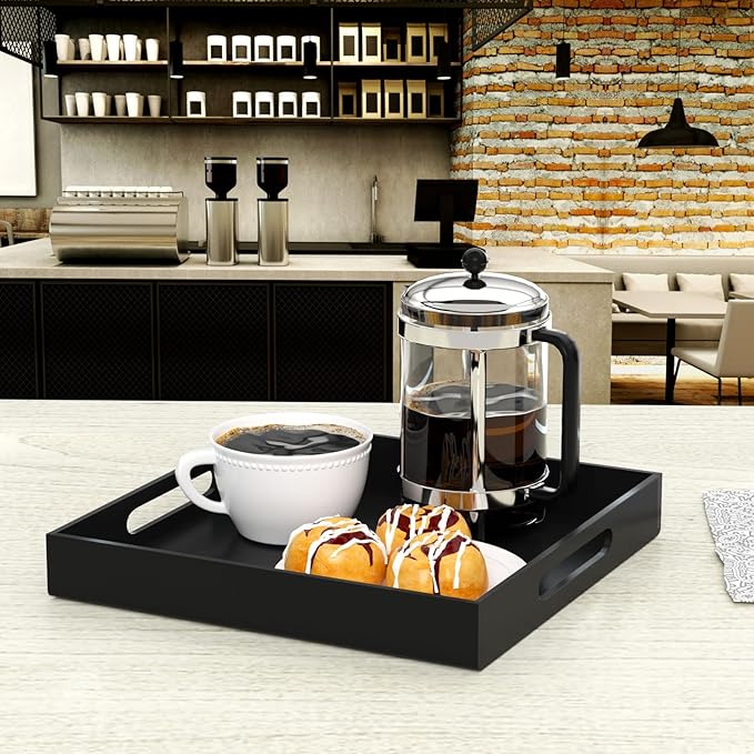 NIUBEE Acrylic Serving Tray 12x12 Inches -Spill Proof- Decorative Tray Organiser for Ottoman Coffee Table Countertop with Handles - Black